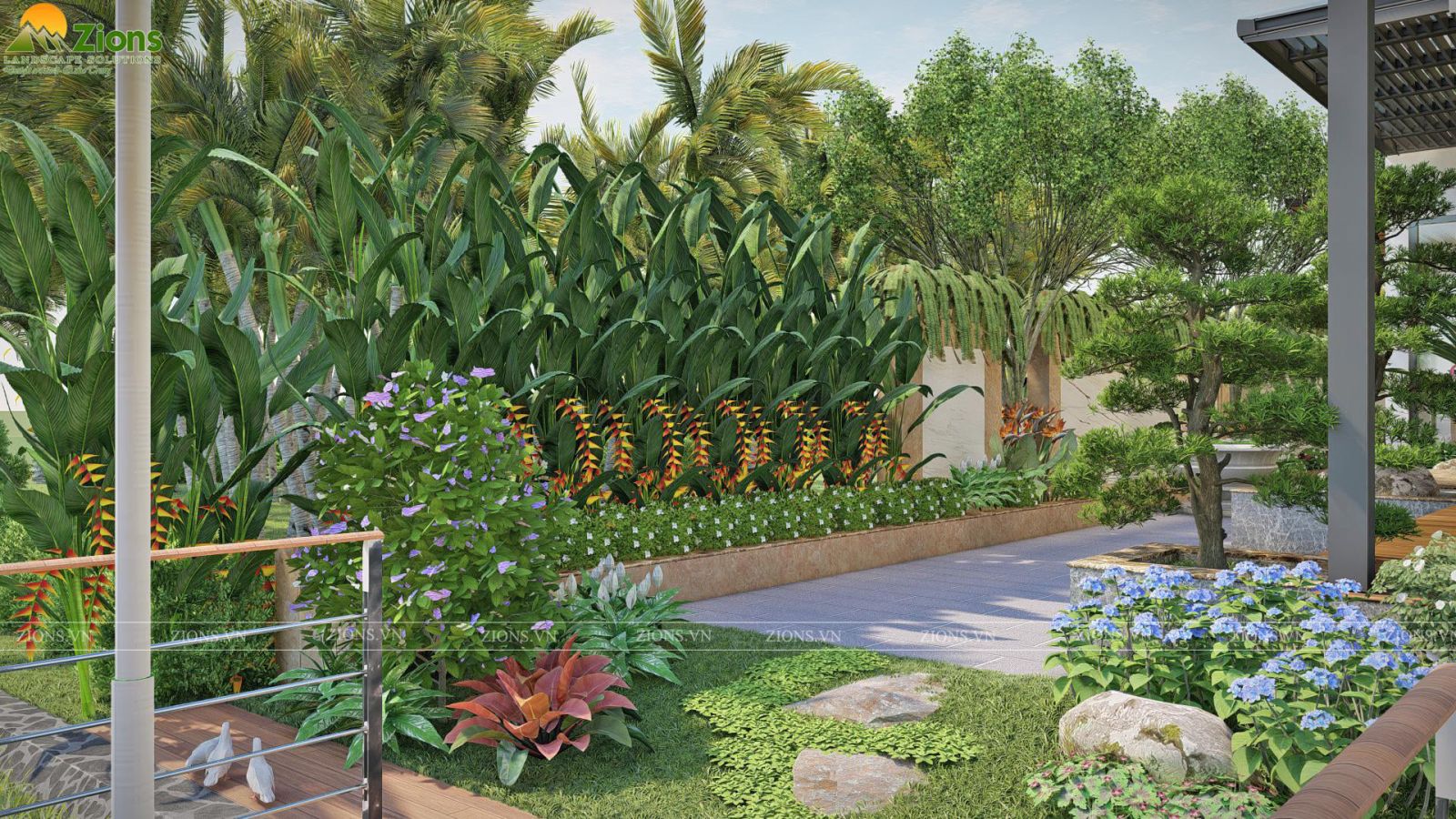 Thiết kế sân vườn biệt thự nhiệt đới tại Ecopark - Zions